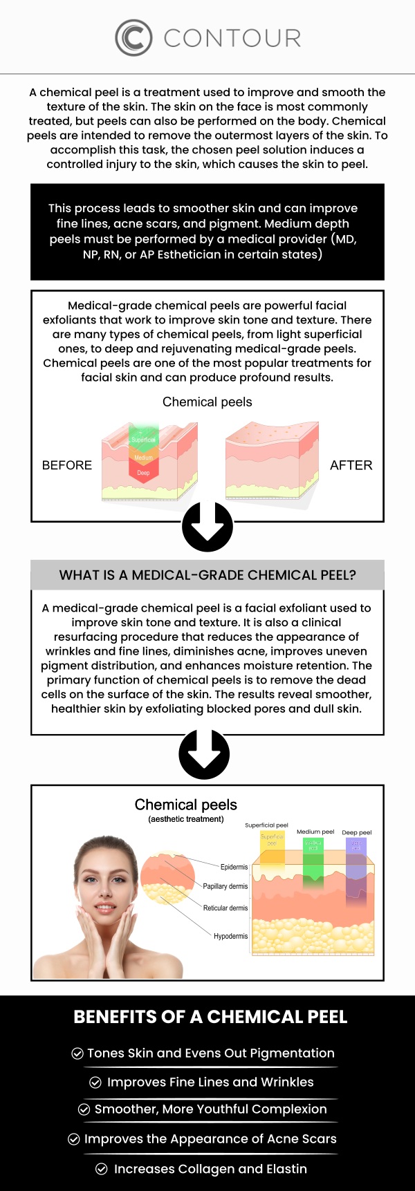 At Contour Medical Spa, Cecilia Scott, RN, BSN, provides professional chemical peel treatments designed to reveal smoother, clearer, and more youthful-looking skin. Before your peel, our team evaluates your skin type and goals to select the most suitable formula. After treatment, mild redness or flaking may occur as your skin renews itself, resulting in a fresh, radiant complexion. We ensure every client receives personalized care and guidance to achieve optimal post-peel recovery and long-lasting glow. For more information, contact us today or schedule an appointment online. We are conveniently located at 18641 Devonshire Street Northridge, CA 91324. At Contour Medical Spa, Cecilia Scott, RN, BSN, provides professional chemical peel treatments designed to reveal smoother, clearer, and more youthful-looking skin. Before your peel, our team evaluates your skin type and goals to select the most suitable formula. After treatment, mild redness or flaking may occur as your skin renews itself, resulting in a fresh, radiant complexion. We ensure every client receives personalized care and guidance to achieve optimal post-peel recovery and long-lasting glow. For more information, contact us today or schedule an appointment online. We are conveniently located at 18641 Devonshire Street Northridge, CA 91324.